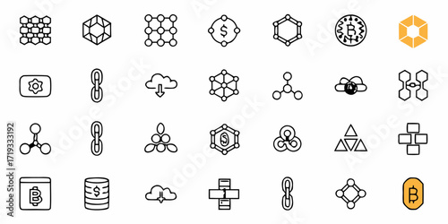Diverse collection of modern technology and finance icons symbolizing networks, data, currency, and connectivity for digital innovation