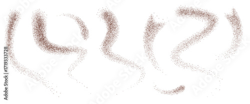 Coffee powder or cinnamon gradation fly squiggles shapes set. Grainy texture splash elements. Lines cooking dotwork forms. Vector gritty wavy and curved lines. Grunge brown mocha dissolve figures.