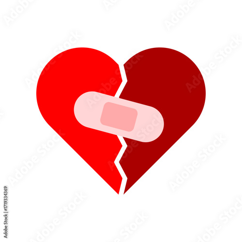 Red broken heart with wound plaster tape icon flat vector design