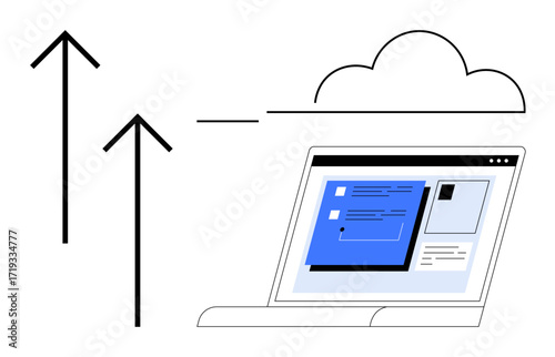 Laptop displaying files and documents, upward arrows, and cloud icon symbolizing storage, sharing, and digital transfer. Ideal for cloud computing, data, teamwork, security innovation growth