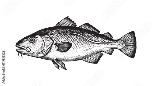 Atlantic Cod Fish Engraving Vintage Marine Life Sketch in Detailed Woodcut Style for Seafood and Fishing Design