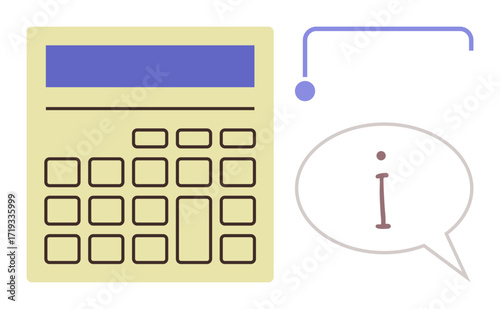 Calculator with multiple buttons and a speech bubble featuring an i for information. Ideal for finance, accounting, education, problem-solving, guidance, data analysis, and technology. Simple flat