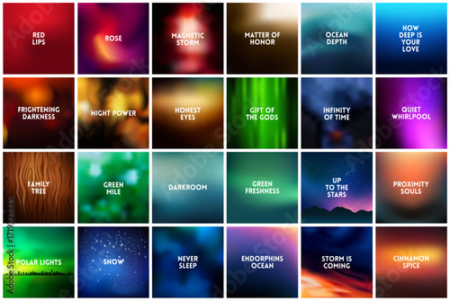 BIG set of 24 square blurred nature dark backgrounds. With various quotes. Sunset and sunrise sea sky blurred blue background