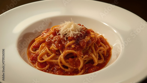Spaghetti with Tomato Sauce and Parmesan Cheese in White Plate