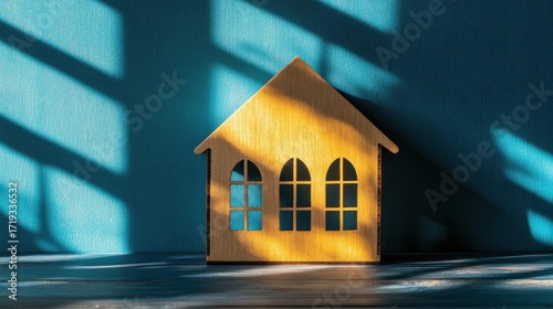 A wooden model house with shadows on a blue background. Concept of home and architecture.