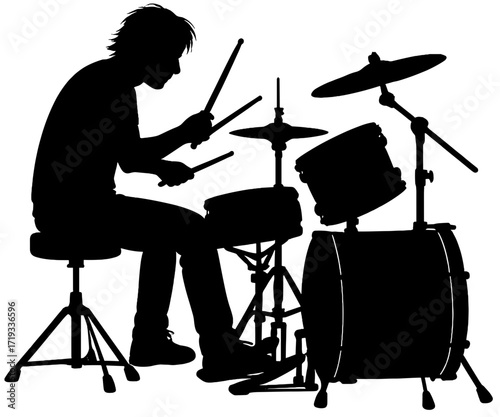 Drummer Silhouette on Full Drum Set | Rock Band Vector Clipart