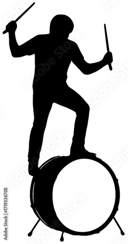 Drummer Standing on Drum Silhouette | Rock Band Percussion Vector