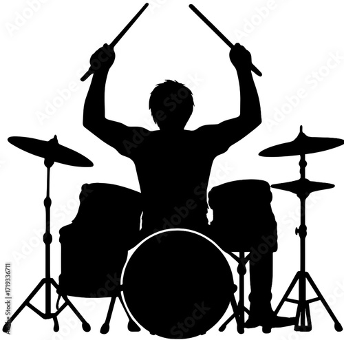 Drummer With Drum Kit Silhouette Vector | Rock Band Musician