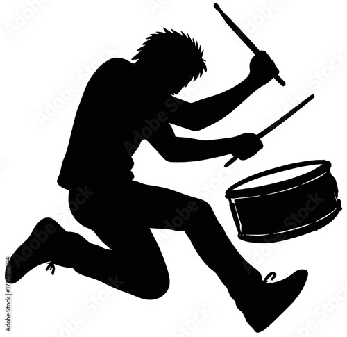 Jumping Drummer Playing Drum Silhouette Vector | Rock Band Performance