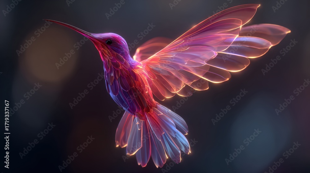 Obraz premium Enchanting hummingbird : Captivating view of a hummingbird, bathed in a rainbow of vibrant colors, creating a beautiful display of light.