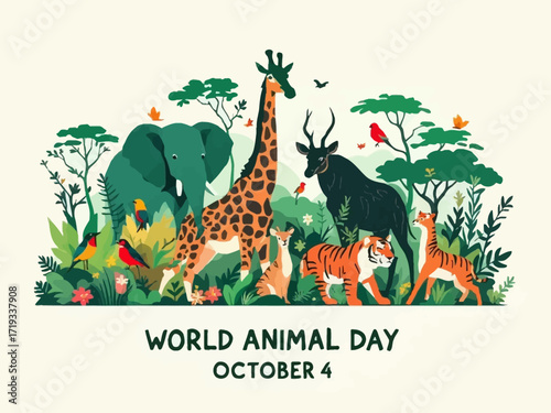 Green flat vector silhouette of various wild animals with “World Animal Day October 4” text, perfect for environment and wildlife conservation theme.