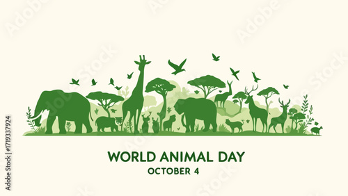 Green flat vector silhouette of various wild animals with “World Animal Day October 4” text, perfect for environment and wildlife conservation theme.