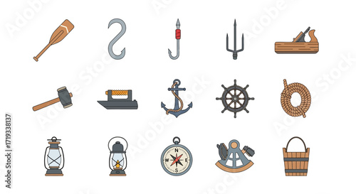 Collection of nautical and carpentry tools icons.