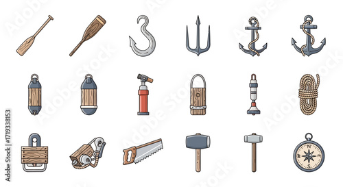 Collection of nautical and camping equipment icons.