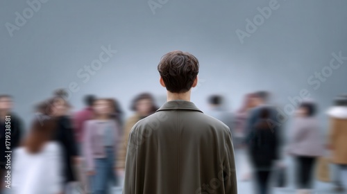 Navigating the Crowd: A man stands with his back to the viewer, looking out over a blurred crowd. This evocative image explores the themes of individualism, anonymity.