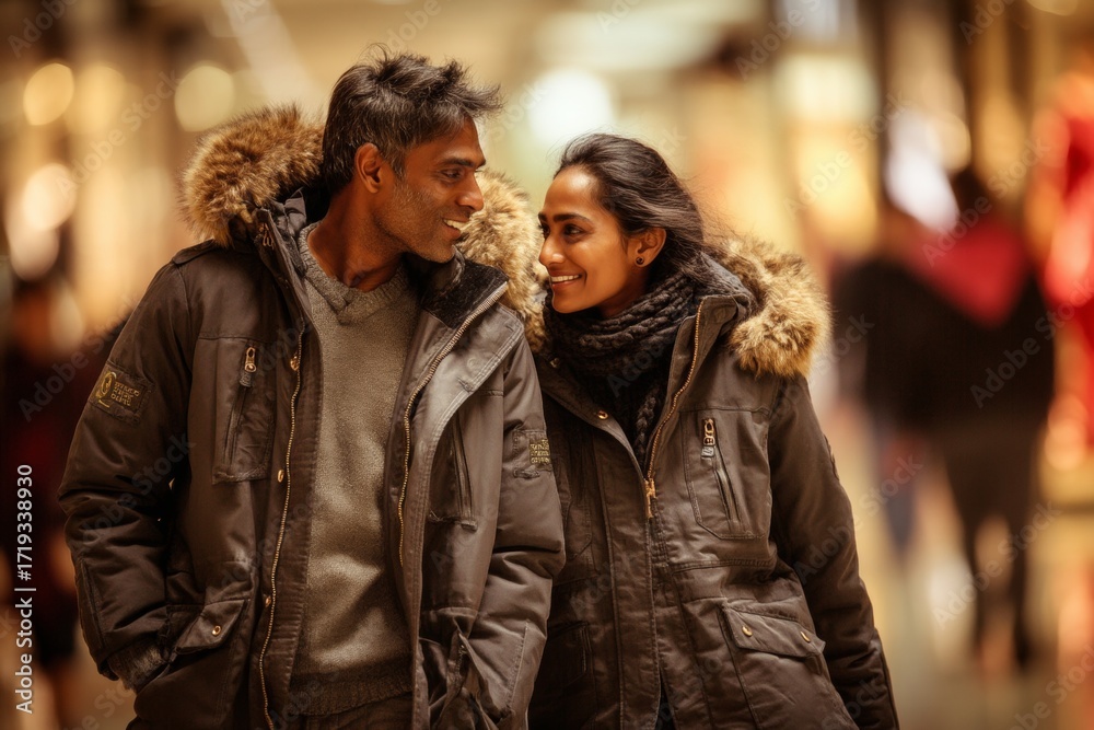 Fototapeta premium Portrait of a satisfied indian couple in their 30s donning a durable down jacket while standing against vibrant shopping mall background