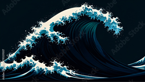 Immense Teal and White Ocean Wave, Dynamic Ukiyo-e Style
