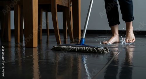 Barefoot Person Mopping and Splashing Water on a Tiled Floor