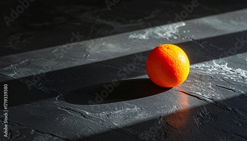 Single orange placed off-center on a dark textured surface, illuminated by dramatic side lighting that casts deep shadows and highlights the fruit’s vibrant color and natural texture.