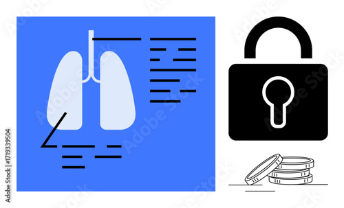 Lungs chart with notes, padlock, and coins suggest medical data protection and funding. Ideal for healthcare, privacy, innovation, security, data analysis insurance economy. Simple flat metaphor