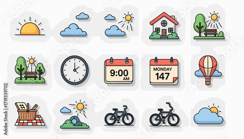 A collection of flat design icons depicting a pleasant sunny day and various outdoor leisure activities like picnics, camping, and cycling.