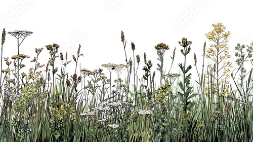 Detailed illustration of mixed tall grasses and wildflowers on a clean white backdrop