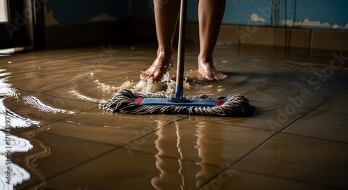 Barefoot Person Mopping Dirty Floodwater from a Tiled Floor