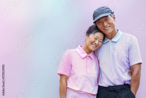 Portrait of a grinning asian couple in their 50s wearing a breathable golf polo in pastel or soft colors background