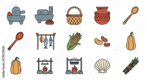 Collection of Traditional Food and Outdoor Cooking Line Art Icons.
