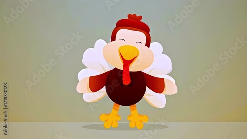 Cute animated turkey character with a pilgrim hat dancing happily. Festive animation perfect for thanksgiving holiday celebrations and greetings
