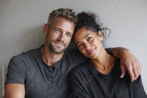 Portrait of a satisfied couple in their 30s wearing a sporty polo shirt isolated in minimalist or empty room background