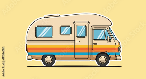 Retro Style Detailed Camper Van with Stripes Illustration Graphic Element