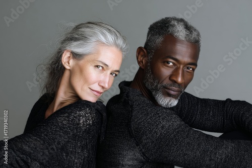 Portrait of a tender multiethnic couple in their 50s showing off a lightweight base layer isolated on minimalist or empty room background