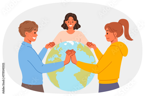 Planet earth day is celebrated by people holding hands, drawing attention of others to importance of caring for environment. Earth day celebrations for volunteers and activists from eco organizations