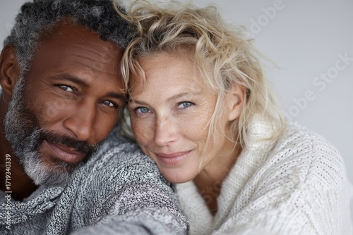 Portrait of a tender multiethnic couple in their 50s showing off a lightweight base layer in minimalist or empty room background