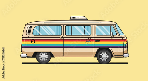 Detailed Flat Design Rainbow Stripe Classic Van Side View Illustration