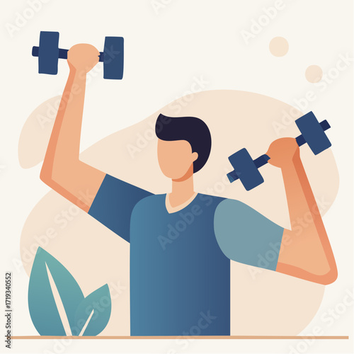 Man Lifting Dumbbells for Workout – Flat Vector