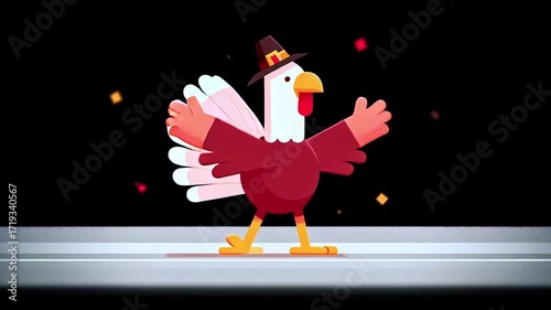 Animated turkey wearing a pilgrim hat dancing and celebrating thanksgiving day. Cute cartoon character in a seamless loop with confetti
