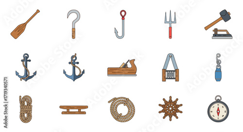 Collection of various nautical tools and equipment for maritime activities.