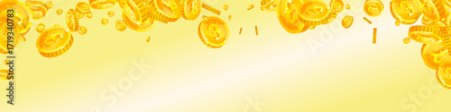 British pound coins falling. Scattered gold GBP