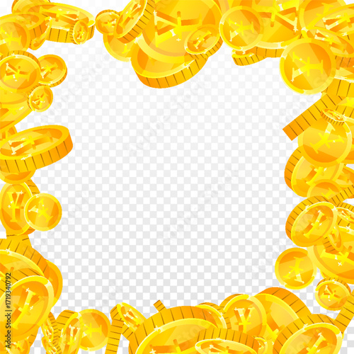Japanese yen coins falling. Scattered gold JPY