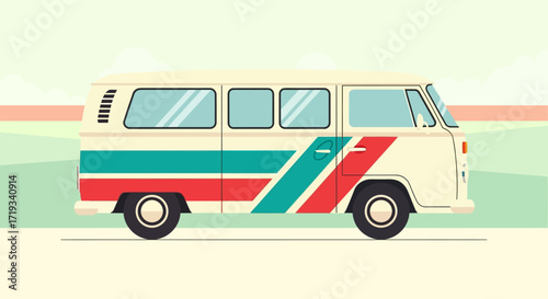 Flat Design Retro Style Camper Van Illustration on a Road Trip
