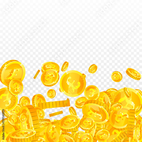 British pound coins falling. Scattered gold GBP