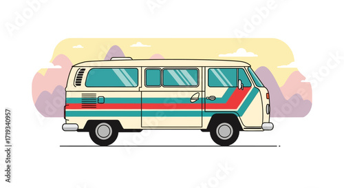 Colorful Flat Style Classic Campervan Trip Transportation Illustration