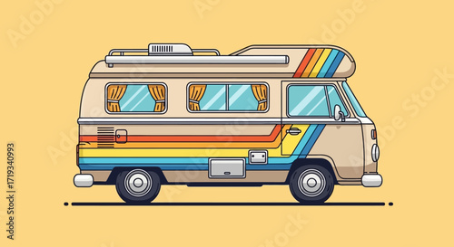 Flat Design Detailed Campervan with Retro Stripes on a Yellow Background