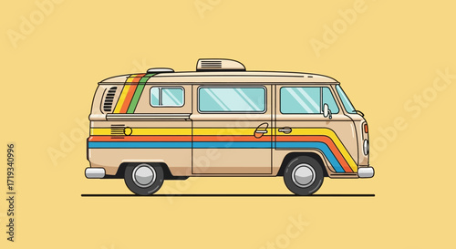 Detailed Flat Style Classic Van with Rainbow Stripes Illustration