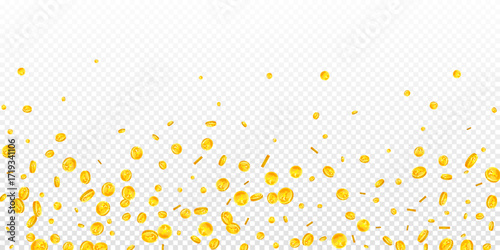 Japanese yen coins falling. Scattered gold JPY