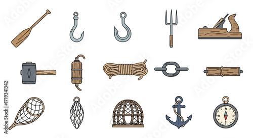 collection of vintage nautical and woodworking tools.