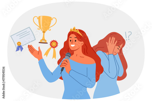 Woman with impostor syndrome experiences stress despite having victories and achievements in life. Psychological problems and impostor syndrome in girl standing near cup and certificate