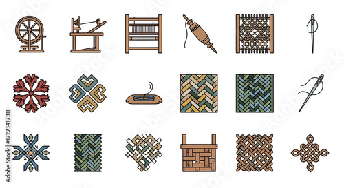 Collection of Weaving and Textile Related Icons and Symbols.